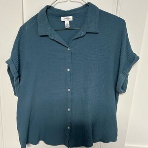 Casual Blue Button-Up Women's Top